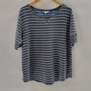 JANE + DELANCEY Blue White Stripe Short Sleeve Button Detail Top Size XL